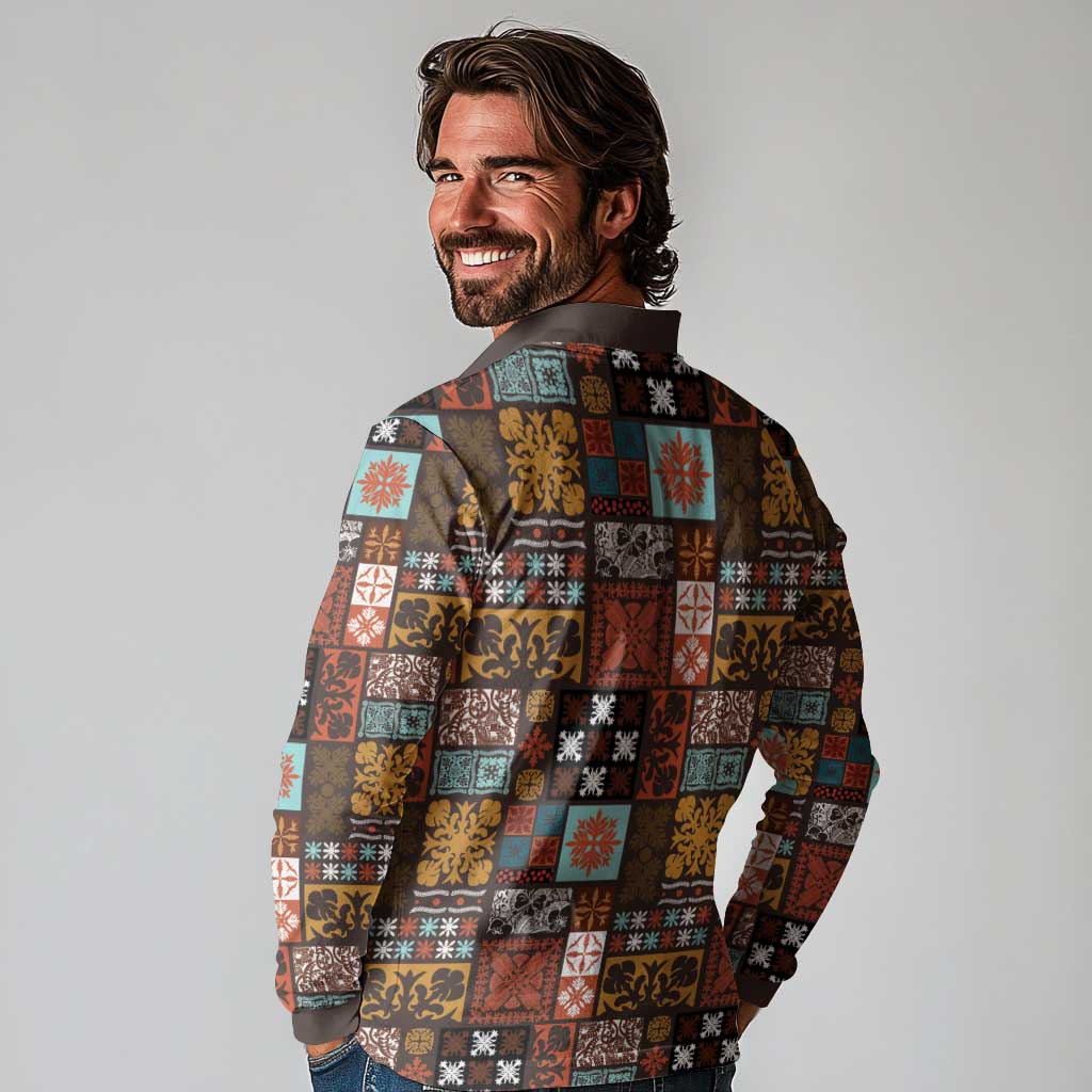 Vintage Hawaiian Quilting Patterns Long Sleeve Polo Shirt Brown Style Tribal Fabric Patchwork - Polynesian Pride
