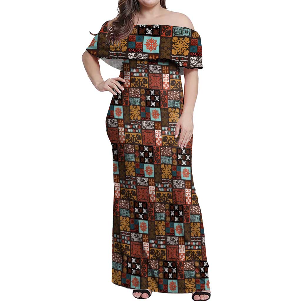 Vintage Hawaiian Quilting Patterns Off Shoulder Maxi Dress Brown Style Tribal Fabric Patchwork - Polynesian Pride