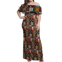 Vintage Hawaiian Quilting Patterns Off Shoulder Maxi Dress Brown Style Tribal Fabric Patchwork - Polynesian Pride