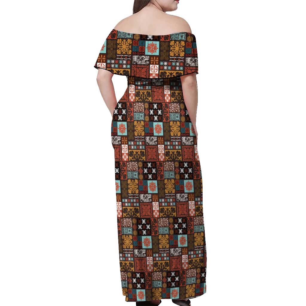 Vintage Hawaiian Quilting Patterns Off Shoulder Maxi Dress Brown Style Tribal Fabric Patchwork - Polynesian Pride