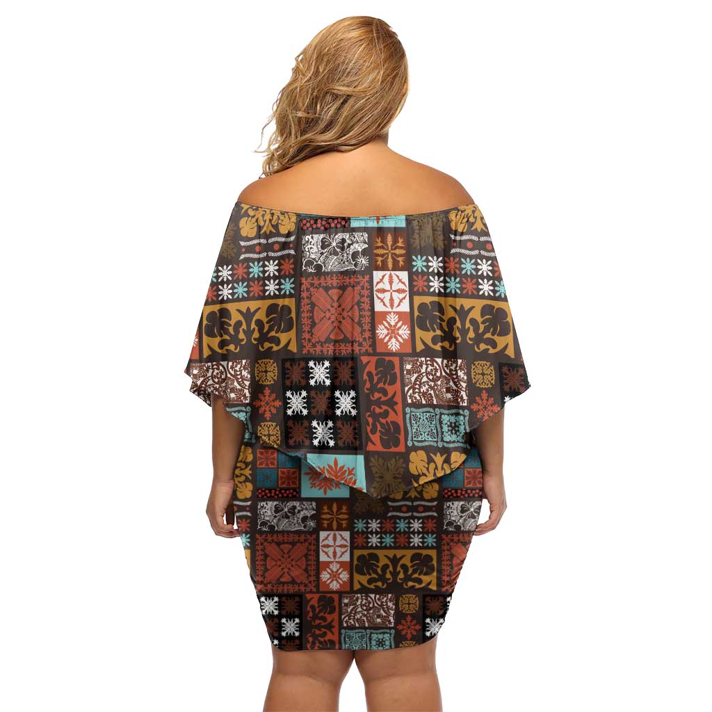 Vintage Hawaiian Quilting Patterns Off Shoulder Short Dress Brown Style Tribal Fabric Patchwork - Polynesian Pride