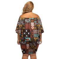 Vintage Hawaiian Quilting Patterns Off Shoulder Short Dress Brown Style Tribal Fabric Patchwork - Polynesian Pride