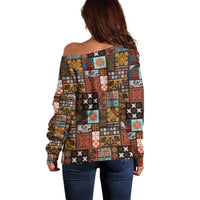 Vintage Hawaiian Quilting Patterns Off Shoulder Sweater Brown Style Tribal Fabric Patchwork - Polynesian Pride