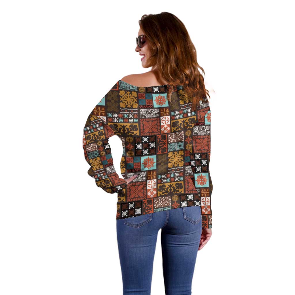 Vintage Hawaiian Quilting Patterns Off Shoulder Sweater Brown Style Tribal Fabric Patchwork - Polynesian Pride