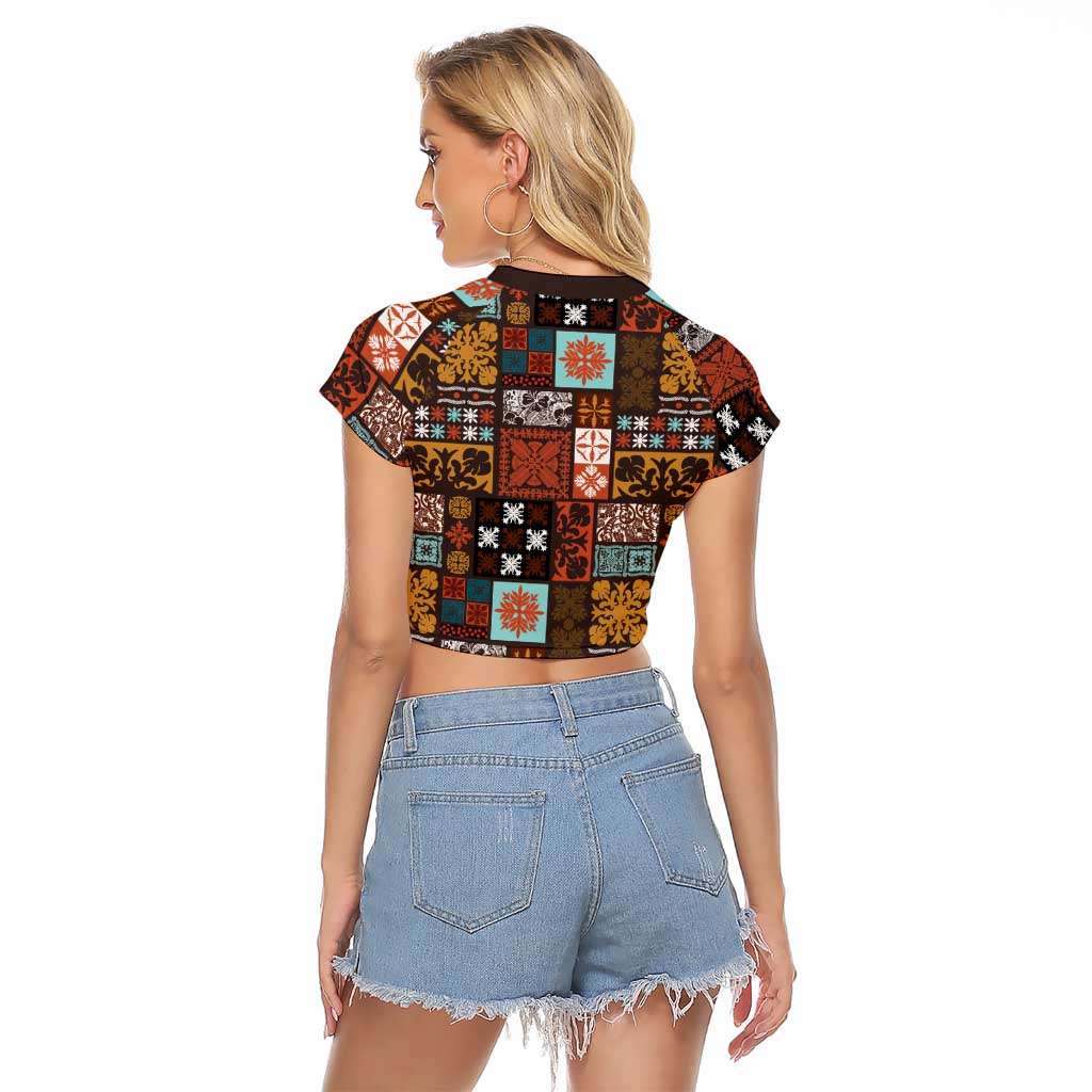 Vintage Hawaiian Quilting Patterns Raglan Cropped T Shirt Brown Style Tribal Fabric Patchwork - Polynesian Pride