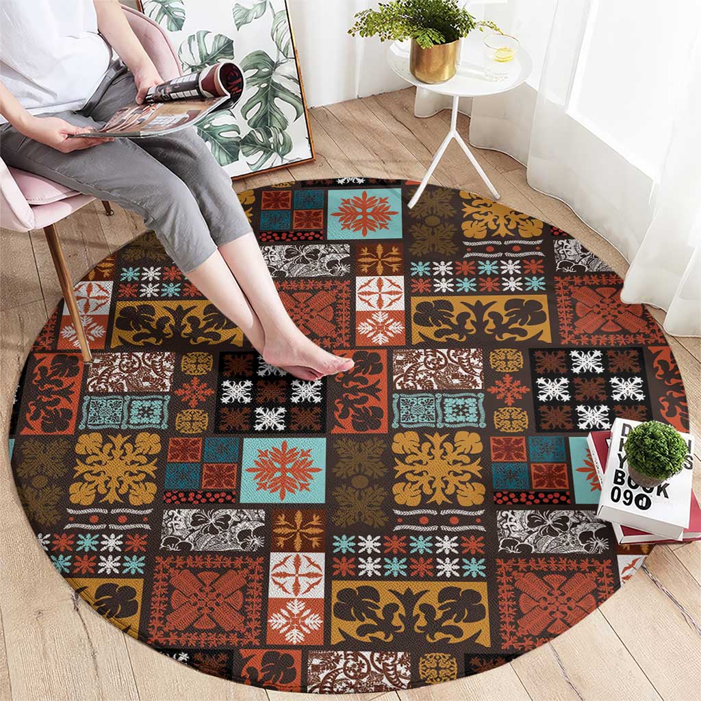Vintage Hawaiian Quilting Patterns Round Carpet Brown Style Tribal Fabric Patchwork - Polynesian Pride