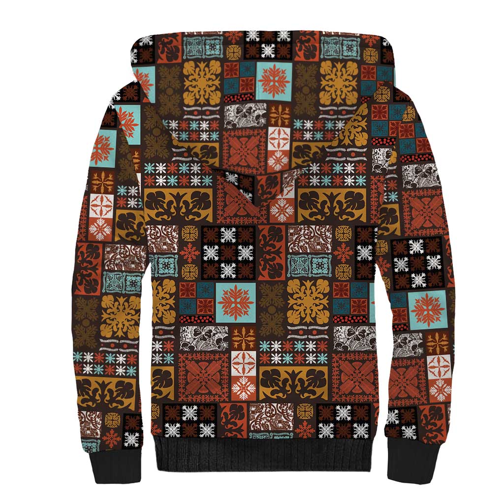 Vintage Hawaiian Quilting Patterns Sherpa Hoodie Brown Style Tribal Fabric Patchwork - Polynesian Pride