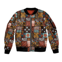 Vintage Hawaiian Quilting Patterns Sleeve Zip Bomber Jacket Brown Style Tribal Fabric Patchwork - Polynesian Pride