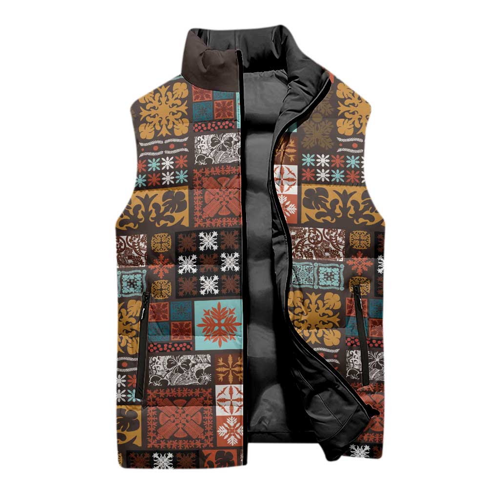 Vintage Hawaiian Quilting Patterns Sleeveless Puffer Jacket Brown Style Tribal Fabric Patchwork - Polynesian Pride
