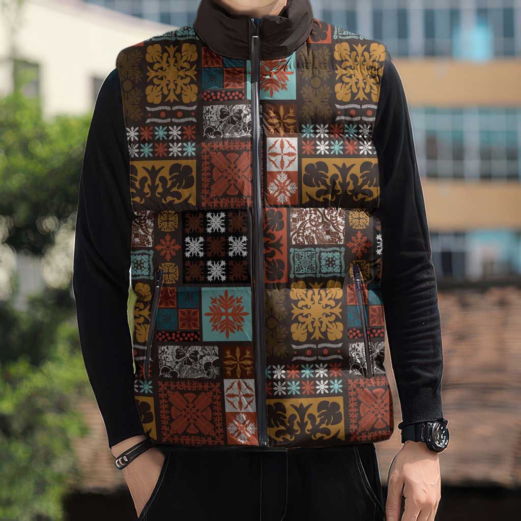 Vintage Hawaiian Quilting Patterns Sleeveless Puffer Jacket Brown Style Tribal Fabric Patchwork - Polynesian Pride