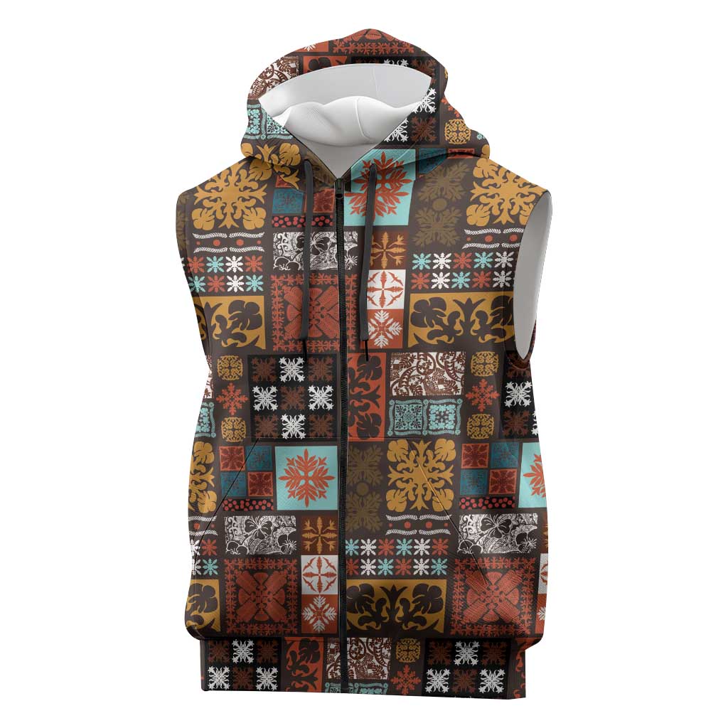 Vintage Hawaiian Quilting Patterns Sleeveless Zip Hoodie Brown Style Tribal Fabric Patchwork - Polynesian Pride