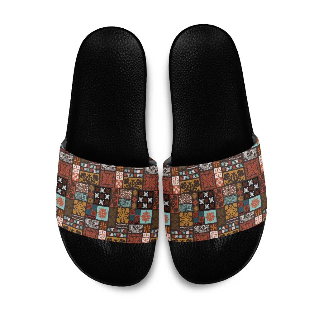 Vintage Hawaiian Quilting Patterns Slide Sandals Brown Style Tribal Fabric Patchwork - Polynesian Pride
