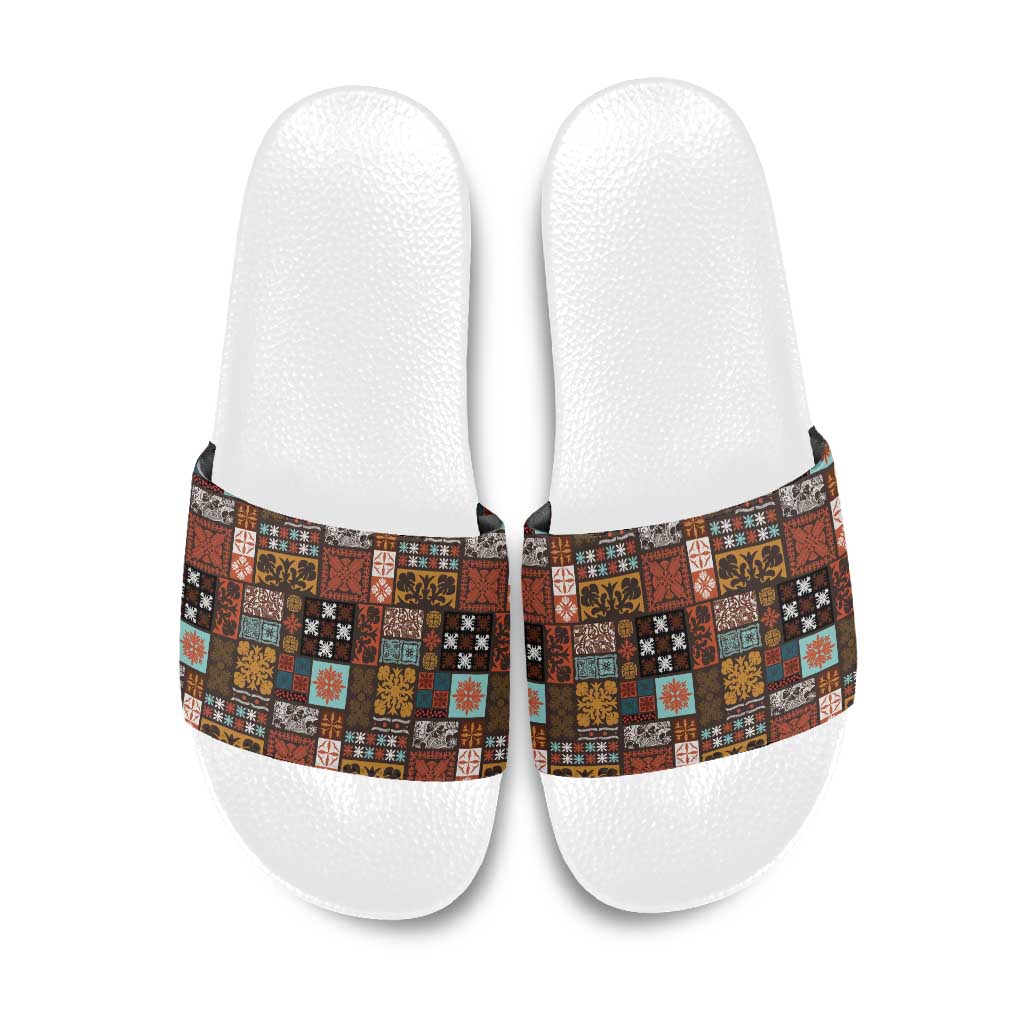 Vintage Hawaiian Quilting Patterns Slide Sandals Brown Style Tribal Fabric Patchwork - Polynesian Pride