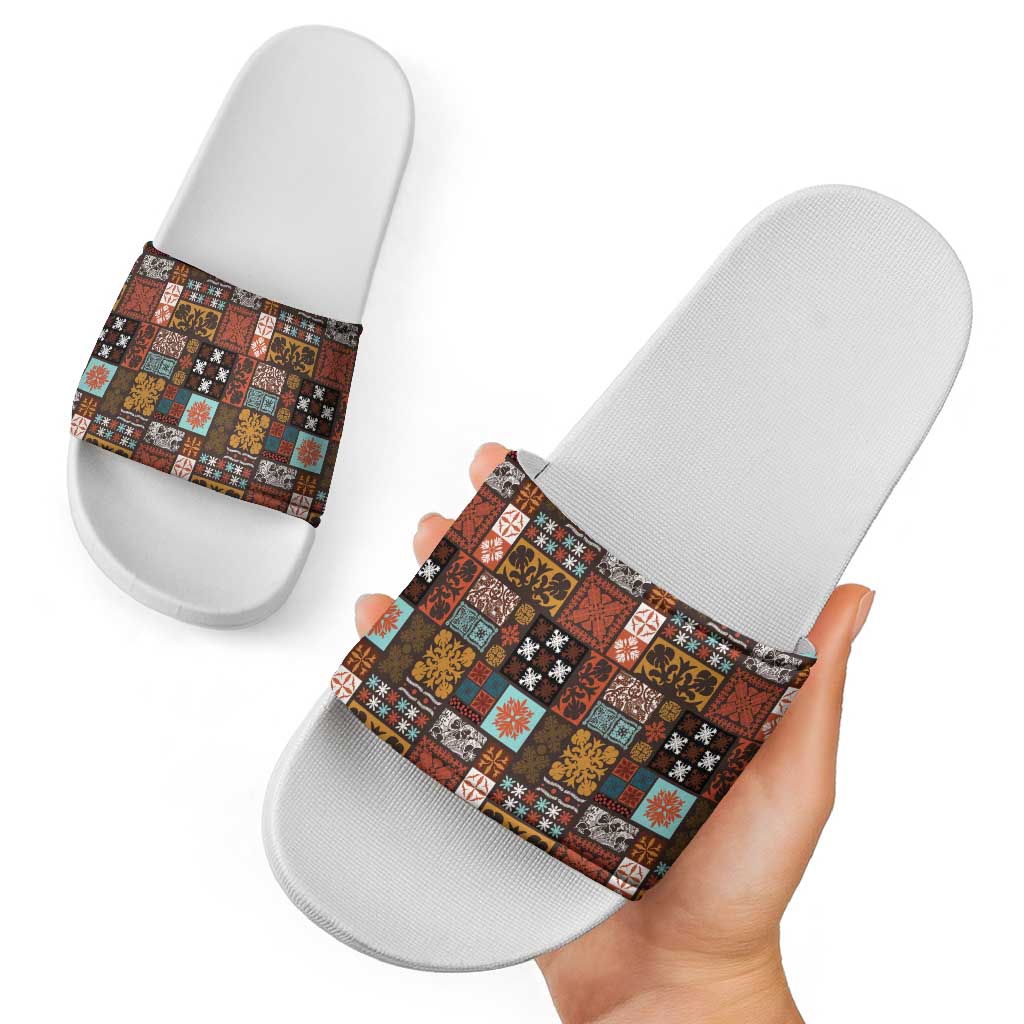 Vintage Hawaiian Quilting Patterns Slide Sandals Brown Style Tribal Fabric Patchwork - Polynesian Pride
