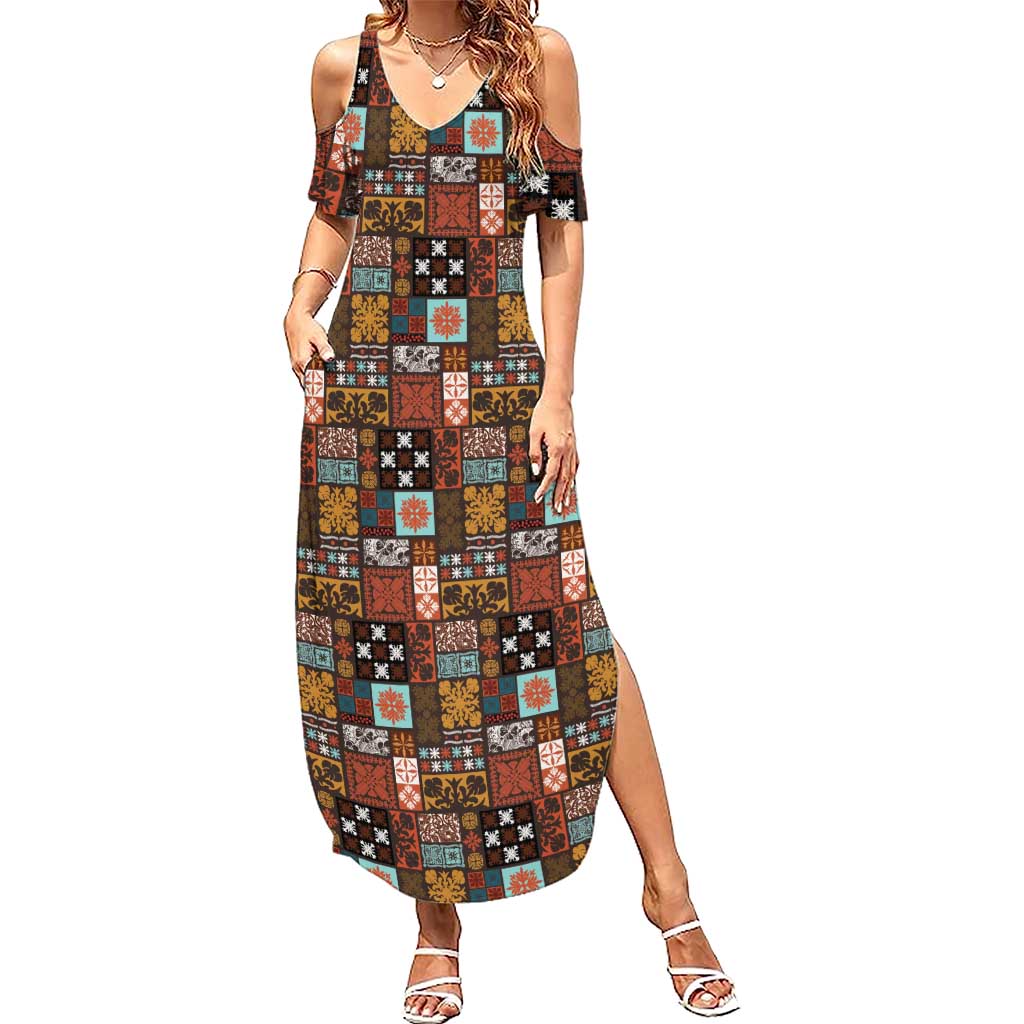 Vintage Hawaiian Quilting Patterns Summer Maxi Dress Brown Style Tribal Fabric Patchwork - Polynesian Pride