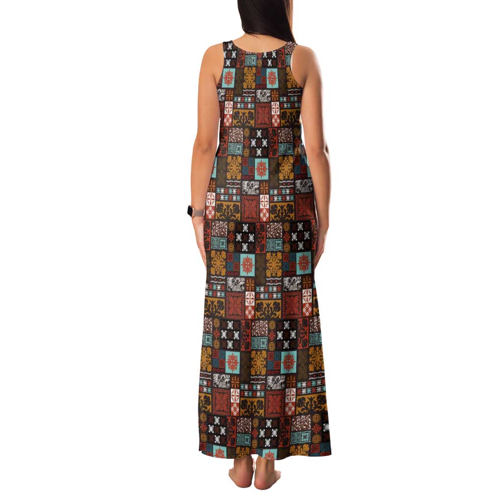 Vintage Hawaiian Quilting Patterns Tank Maxi Dress Brown Style Tribal Fabric Patchwork - Polynesian Pride