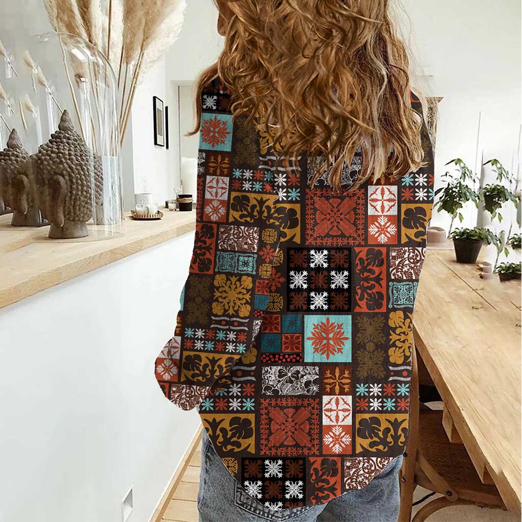 Vintage Hawaiian Quilting Patterns Women Casual Shirt Brown Style Tribal Fabric Patchwork LT9 - Polynesian Pride