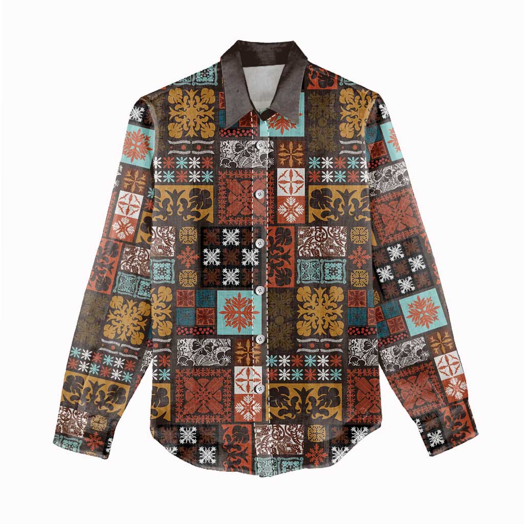 Vintage Hawaiian Quilting Patterns Women Casual Shirt Brown Style Tribal Fabric Patchwork LT9 - Polynesian Pride