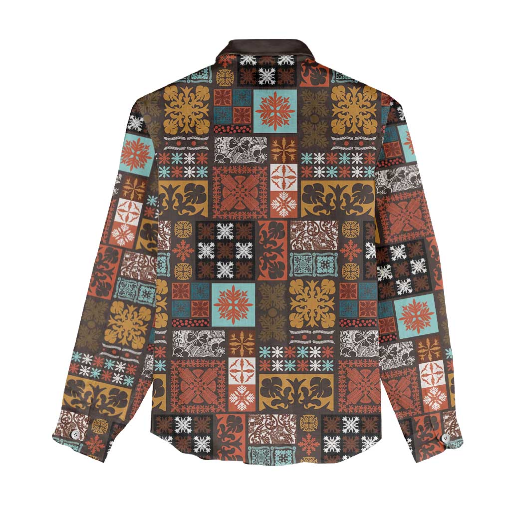 Vintage Hawaiian Quilting Patterns Women Casual Shirt Brown Style Tribal Fabric Patchwork LT9 - Polynesian Pride