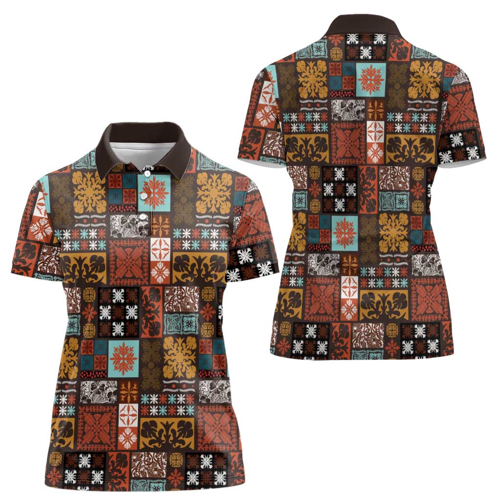 Vintage Hawaiian Quilting Patterns Women Polo Shirt Brown Style Tribal Fabric Patchwork - Polynesian Pride