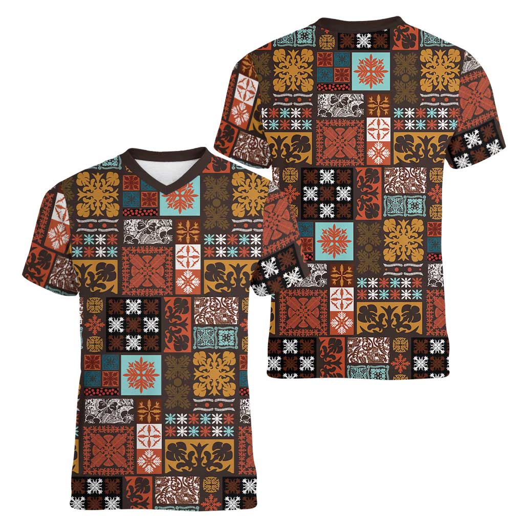 Vintage Hawaiian Quilting Patterns Women V-Neck T-Shirt Brown Style Tribal Fabric Patchwork - Polynesian Pride