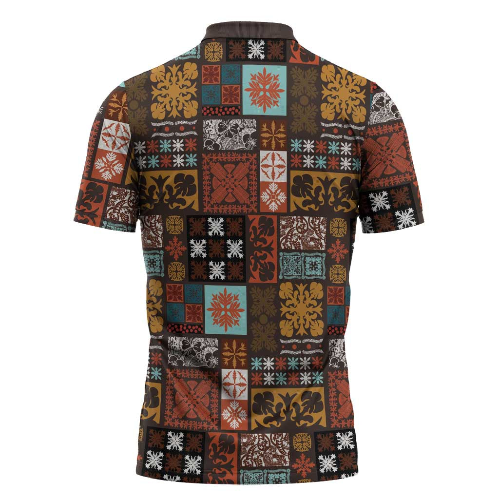 Vintage Hawaiian Quilting Patterns Zipper Polo Shirt Brown Style Tribal Fabric Patchwork - Polynesian Pride