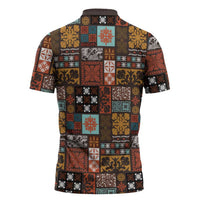 Vintage Hawaiian Quilting Patterns Zipper Polo Shirt Brown Style Tribal Fabric Patchwork - Polynesian Pride