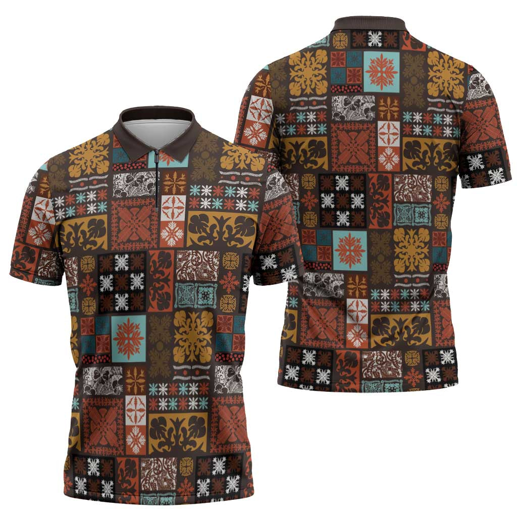 Vintage Hawaiian Quilting Patterns Zipper Polo Shirt Brown Style Tribal Fabric Patchwork - Polynesian Pride
