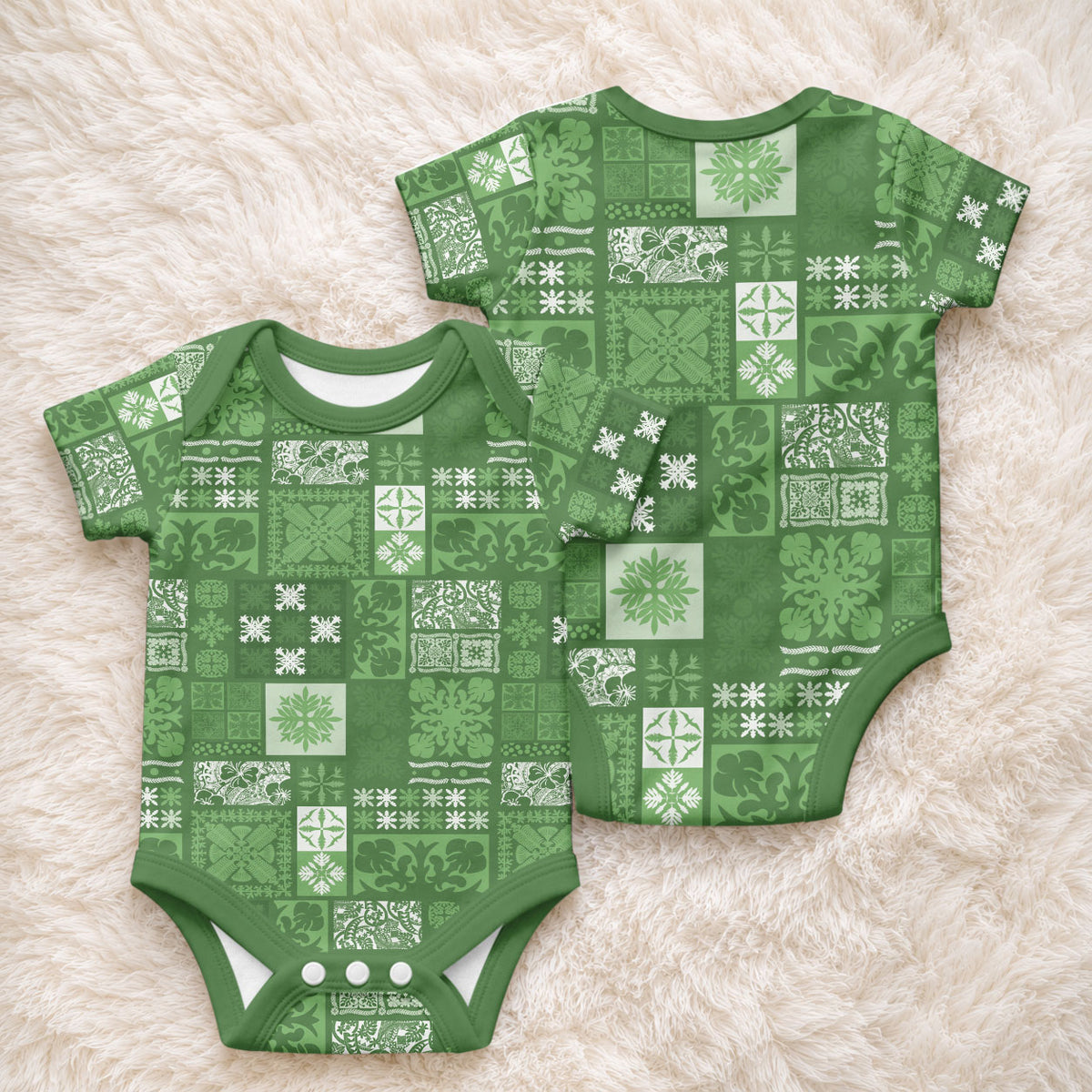 Vintage Hawaiian Quilting Patterns Baby Onesie Green Style Tribal Fabric Patchwork LT9 - Polynesian Pride