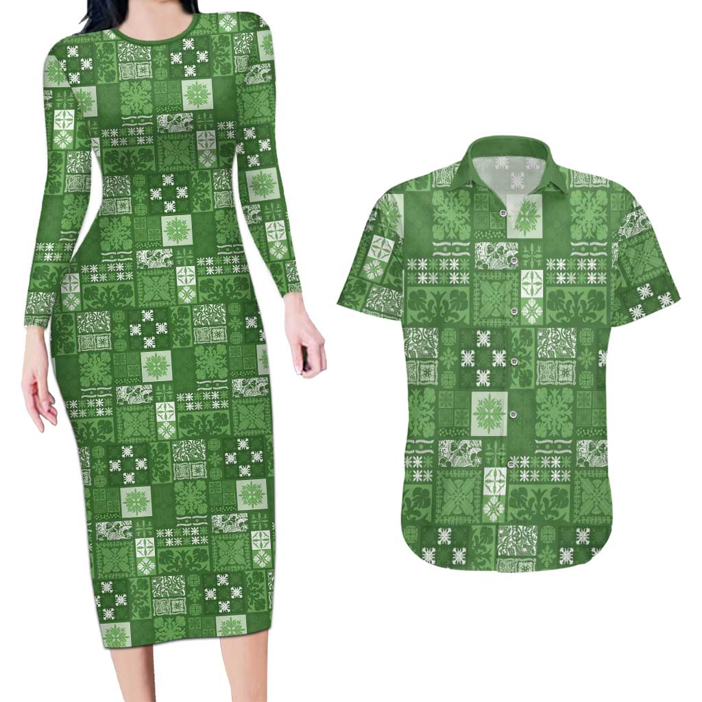 Vintage Hawaiian Quilting Patterns Couples Matching Long Sleeve Bodycon Dress and Hawaiian Shirt Green Style Tribal Fabric Patchwork - Polynesian Pride