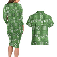 Vintage Hawaiian Quilting Patterns Couples Matching Long Sleeve Bodycon Dress and Hawaiian Shirt Green Style Tribal Fabric Patchwork - Polynesian Pride