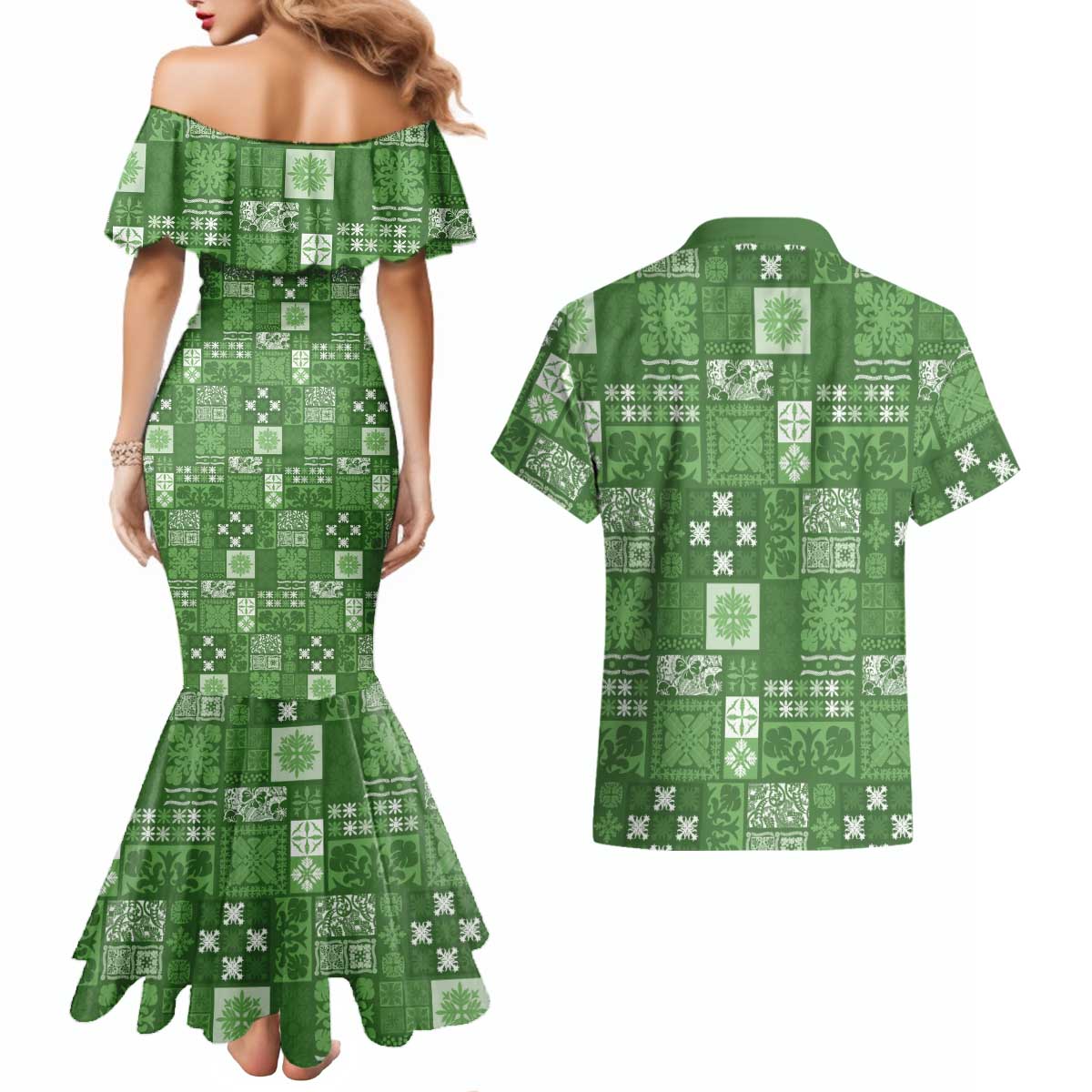 Vintage Hawaiian Quilting Patterns Couples Matching Mermaid Dress and Hawaiian Shirt Green Style Tribal Fabric Patchwork - Polynesian Pride