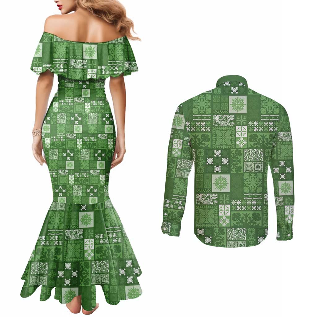 Vintage Hawaiian Quilting Patterns Couples Matching Mermaid Dress and Long Sleeve Button Shirt Green Style Tribal Fabric Patchwork - Polynesian Pride