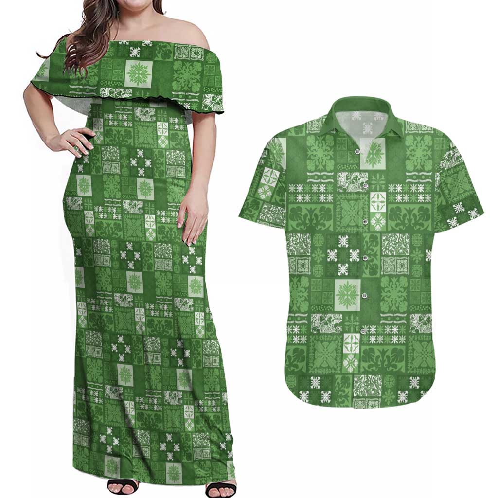 Vintage Hawaiian Quilting Patterns Couples Matching Off Shoulder Maxi Dress and Hawaiian Shirt Green Style Tribal Fabric Patchwork - Polynesian Pride