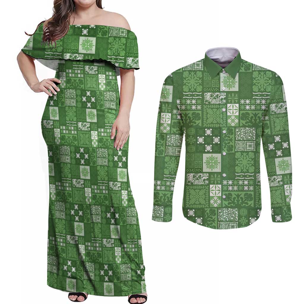 Vintage Hawaiian Quilting Patterns Couples Matching Off Shoulder Maxi Dress and Long Sleeve Button Shirt Green Style Tribal Fabric Patchwork - Polynesian Pride