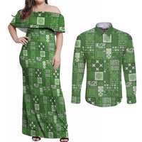 Vintage Hawaiian Quilting Patterns Couples Matching Off Shoulder Maxi Dress and Long Sleeve Button Shirt Green Style Tribal Fabric Patchwork - Polynesian Pride