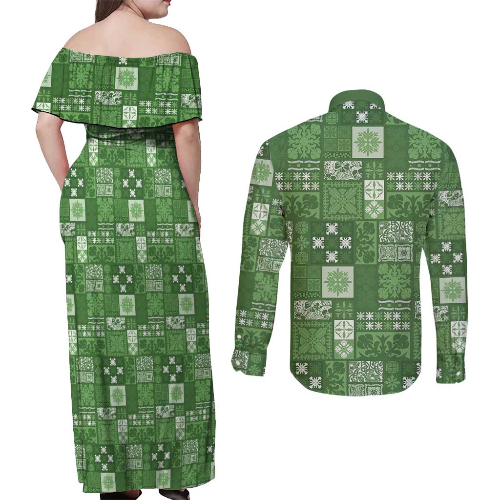 Vintage Hawaiian Quilting Patterns Couples Matching Off Shoulder Maxi Dress and Long Sleeve Button Shirt Green Style Tribal Fabric Patchwork - Polynesian Pride