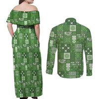 Vintage Hawaiian Quilting Patterns Couples Matching Off Shoulder Maxi Dress and Long Sleeve Button Shirt Green Style Tribal Fabric Patchwork - Polynesian Pride