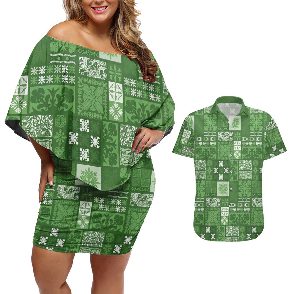 Vintage Hawaiian Quilting Patterns Couples Matching Off Shoulder Short Dress and Hawaiian Shirt Green Style Tribal Fabric Patchwork - Polynesian Pride