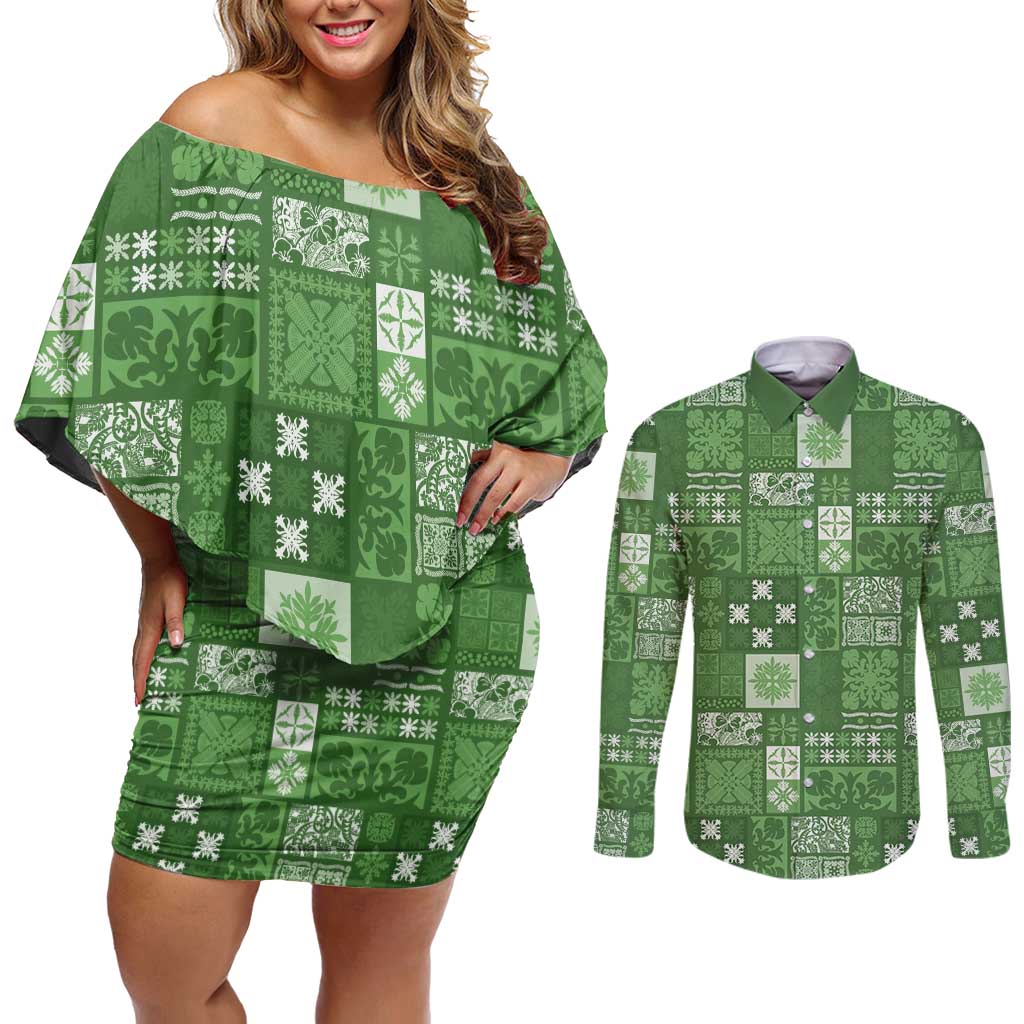 Vintage Hawaiian Quilting Patterns Couples Matching Off Shoulder Short Dress and Long Sleeve Button Shirt Green Style Tribal Fabric Patchwork - Polynesian Pride