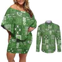 Vintage Hawaiian Quilting Patterns Couples Matching Off Shoulder Short Dress and Long Sleeve Button Shirt Green Style Tribal Fabric Patchwork - Polynesian Pride