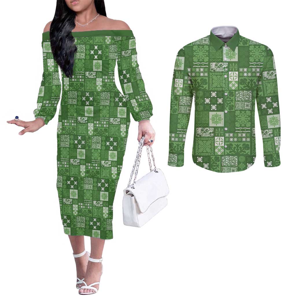 Vintage Hawaiian Quilting Patterns Couples Matching Off The Shoulder Long Sleeve Dress and Long Sleeve Button Shirt Green Style Tribal Fabric Patchwork - Polynesian Pride