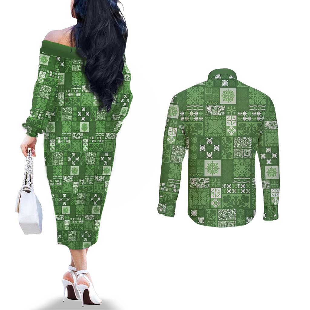 Vintage Hawaiian Quilting Patterns Couples Matching Off The Shoulder Long Sleeve Dress and Long Sleeve Button Shirt Green Style Tribal Fabric Patchwork - Polynesian Pride