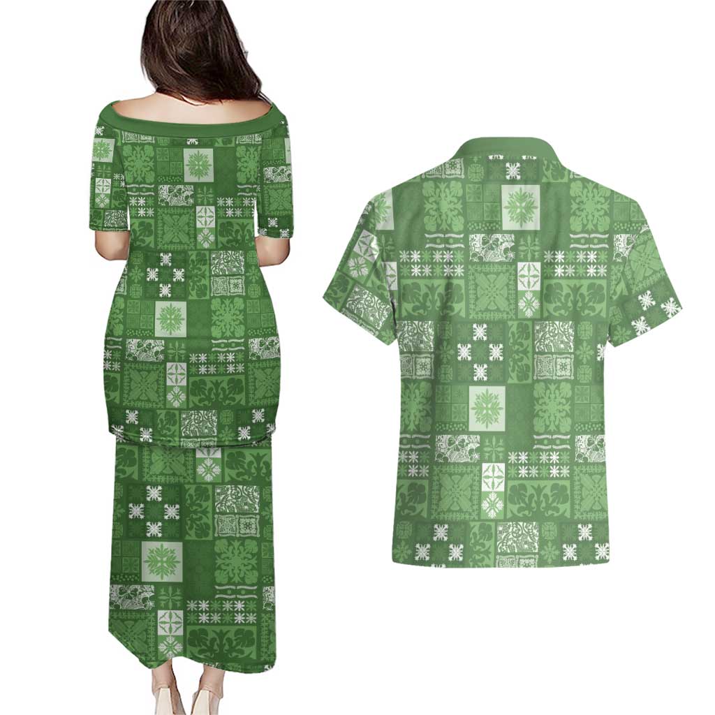Vintage Hawaiian Quilting Patterns Couples Matching Puletasi and Hawaiian Shirt Green Style Tribal Fabric Patchwork - Polynesian Pride
