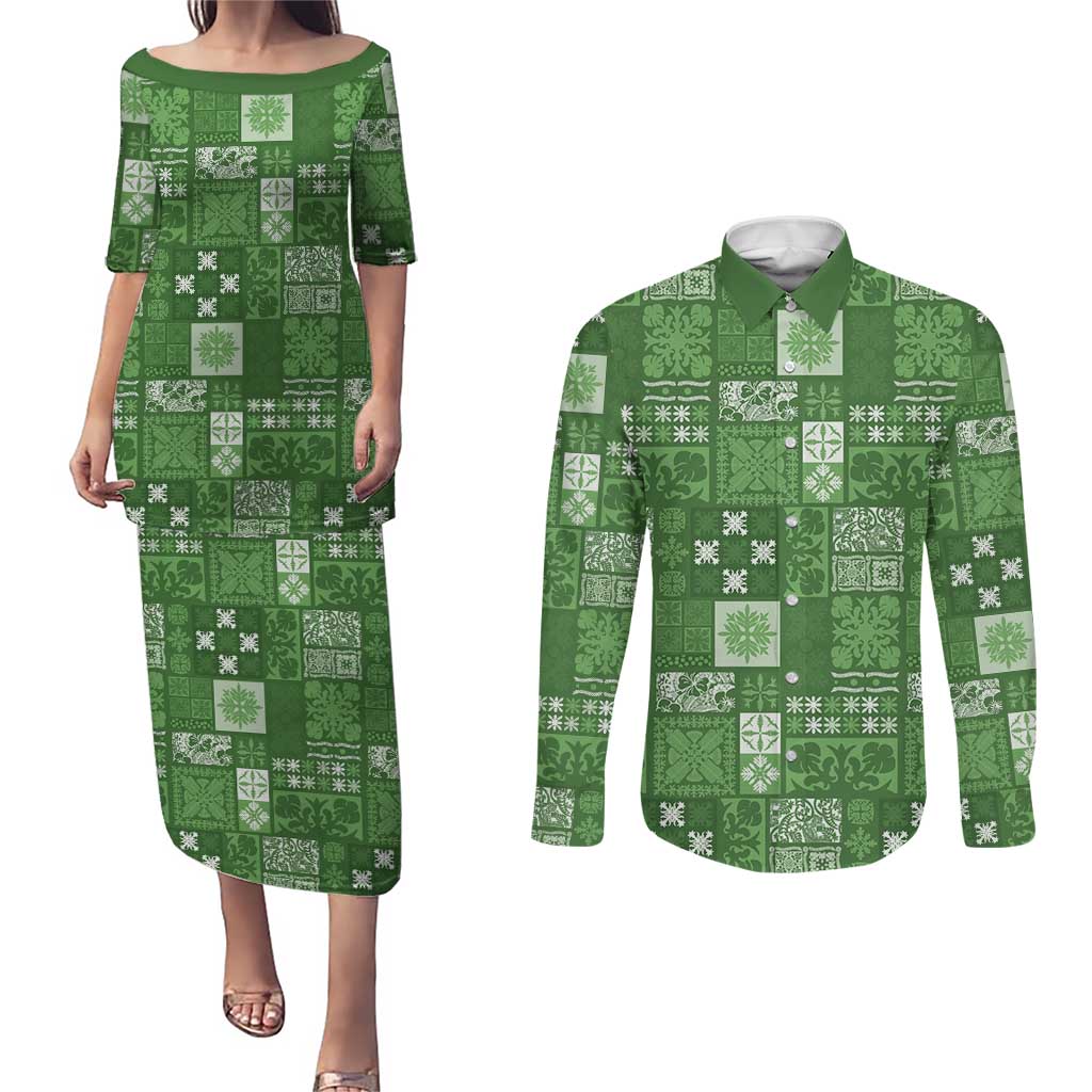 Vintage Hawaiian Quilting Patterns Couples Matching Puletasi and Long Sleeve Button Shirt Green Style Tribal Fabric Patchwork - Polynesian Pride