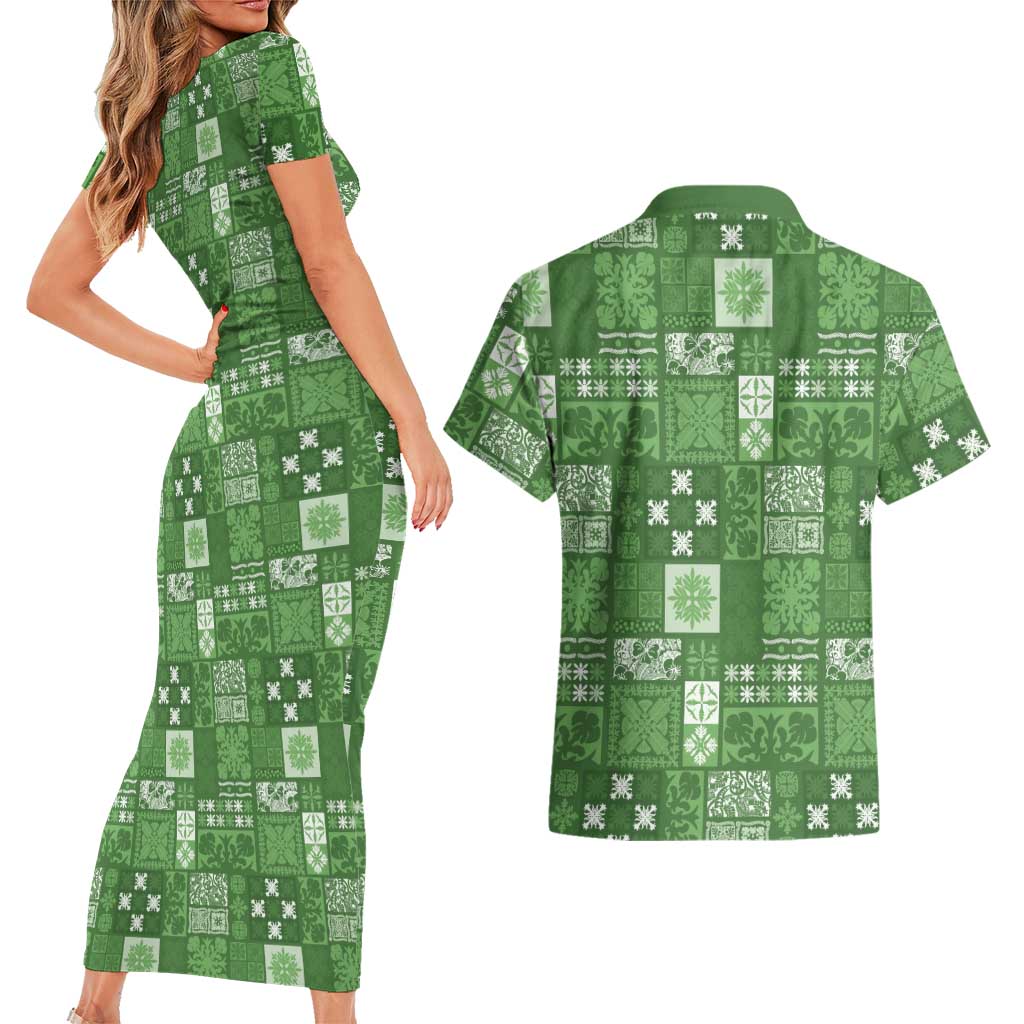 Vintage Hawaiian Quilting Patterns Couples Matching Short Sleeve Bodycon Dress and Hawaiian Shirt Green Style Tribal Fabric Patchwork - Polynesian Pride