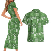 Vintage Hawaiian Quilting Patterns Couples Matching Short Sleeve Bodycon Dress and Hawaiian Shirt Green Style Tribal Fabric Patchwork - Polynesian Pride