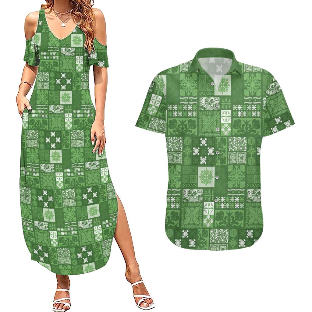 Vintage Hawaiian Quilting Patterns Couples Matching Summer Maxi Dress and Hawaiian Shirt Green Style Tribal Fabric Patchwork - Polynesian Pride