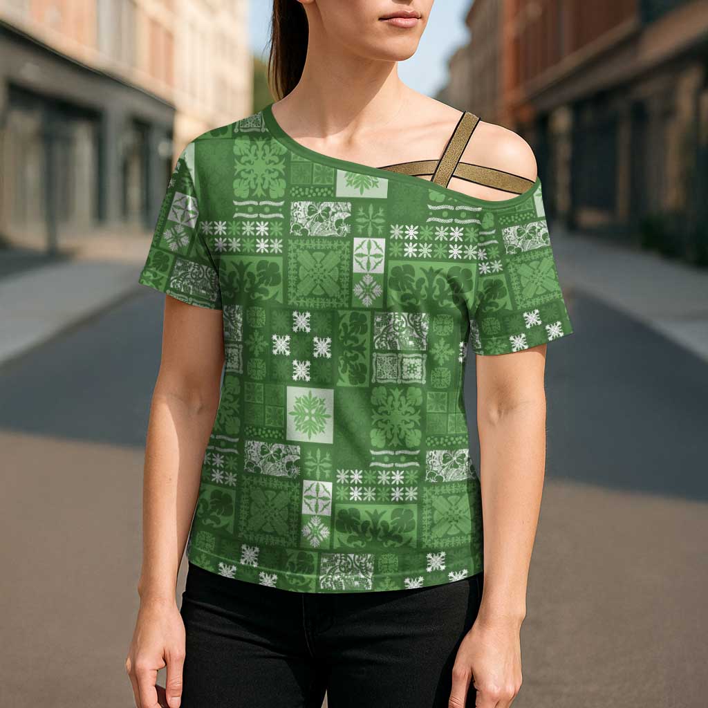 Vintage Hawaiian Quilting Patterns Cross Shoulder Shirt Green Style Tribal Fabric Patchwork - Polynesian Pride