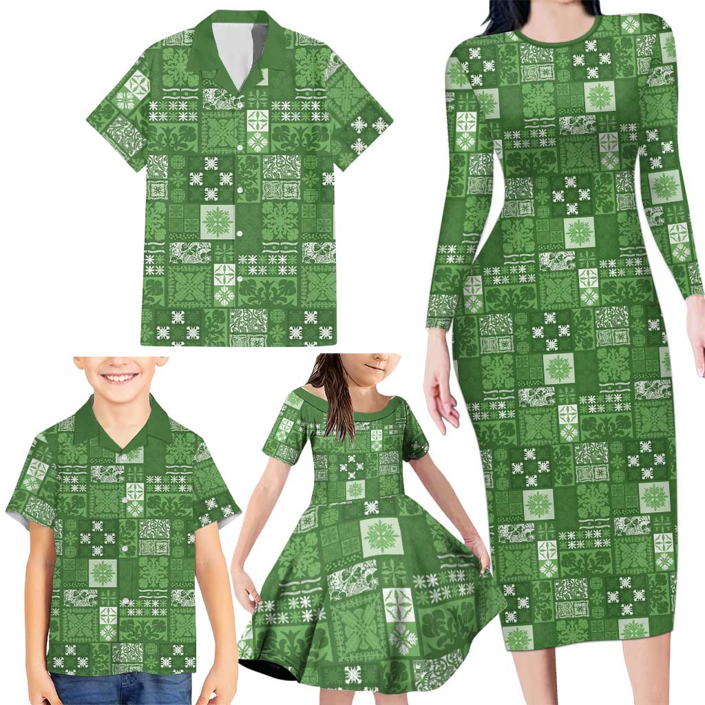 Vintage Hawaiian Quilting Patterns Family Matching Long Sleeve Bodycon Dress and Hawaiian Shirt Green Style Tribal Fabric Patchwork LT9 - Polynesian Pride